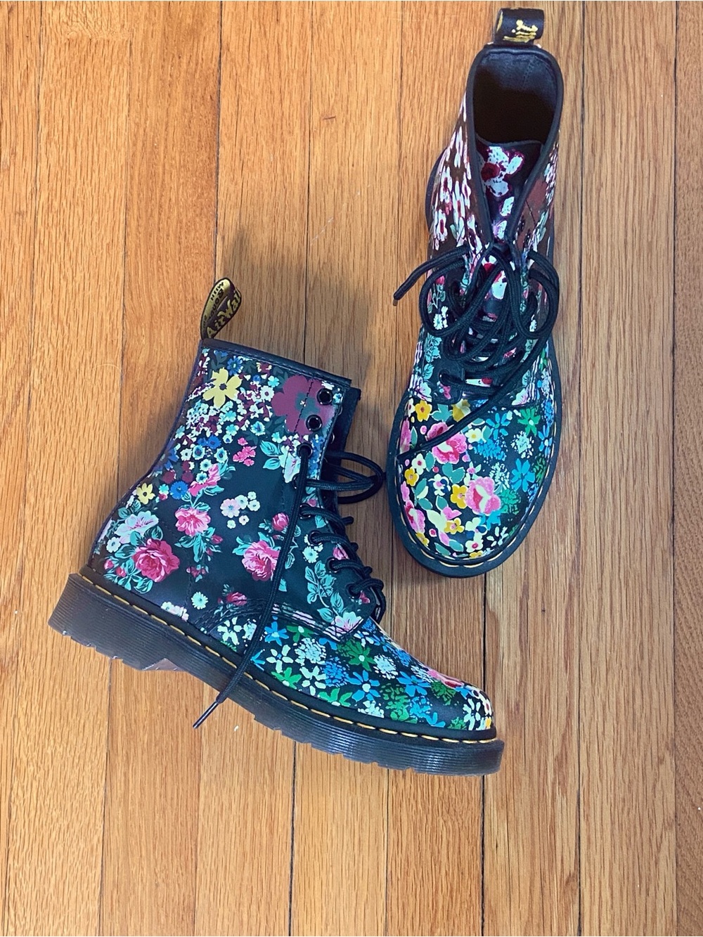Dr. Martens Floral Combat Boots in Black with Multicolor Flowers